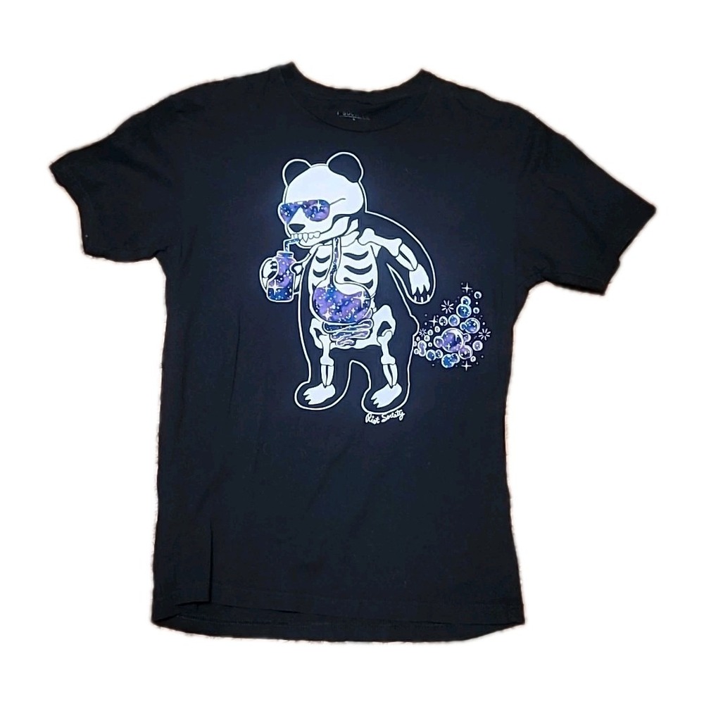 Riot Society Black Cotton T-Shirt Panda Drinking And Farting‎ Bubbles Sz Med